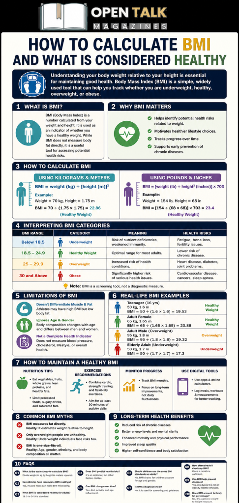 Infographic showing how to calculate BMI, BMI categories, and tips for maintaining a healthy weight, featuring a calculator, measuring tape, and healthy lifestyle icons with Open Talk Magazine's logo.