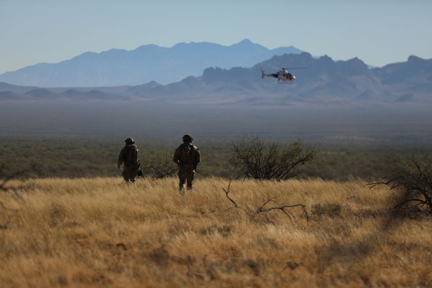 US Border Patrol Search, Trauma and Rescue agents participate in a demonstration in the Arizona desert.